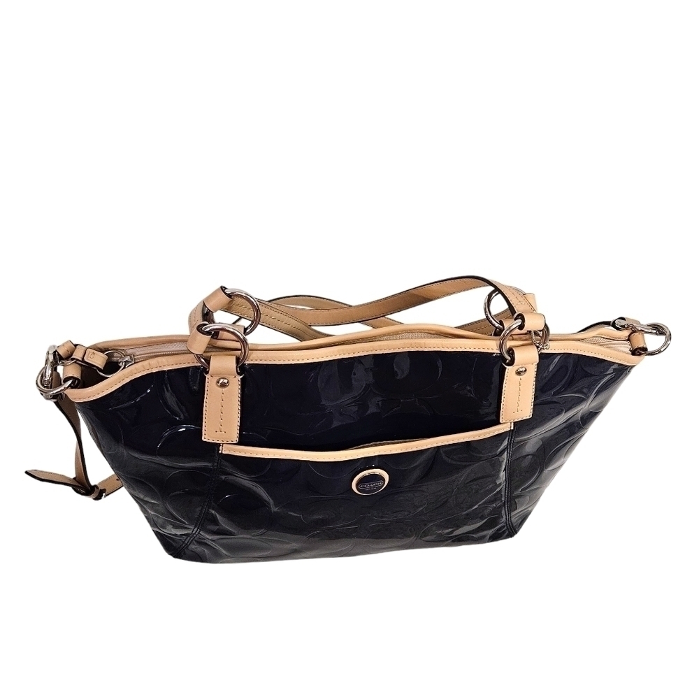 Coach Blue & Tan Patent Leather Monogram Pocket Tote Shoulder Bag - Picture 6 of 12